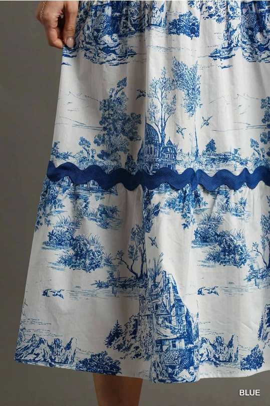 Blue Landscape Print Ric-rac Dress