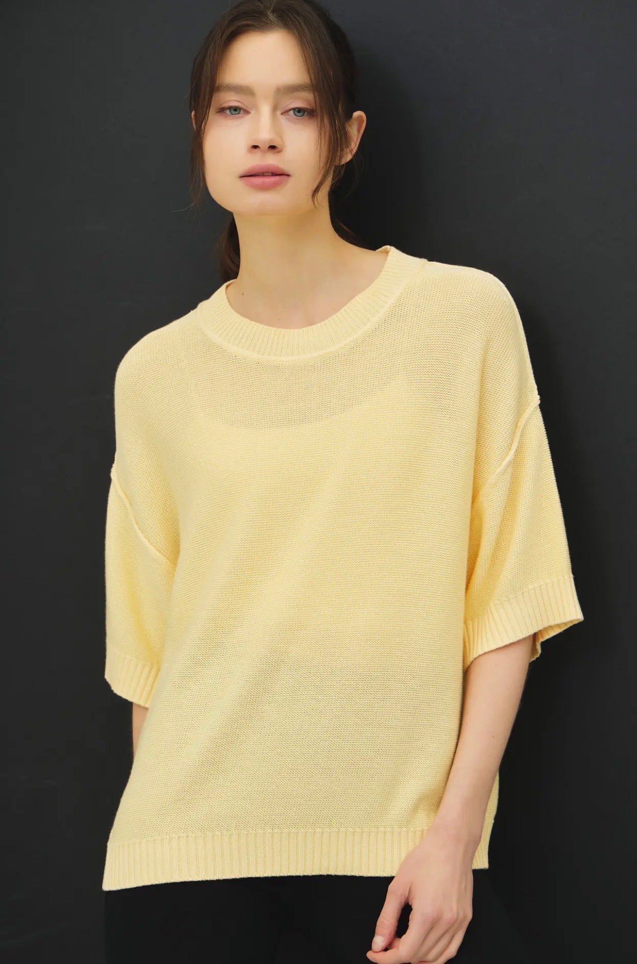 Yellow Oversize Cut Sweater Top with Raw Edge