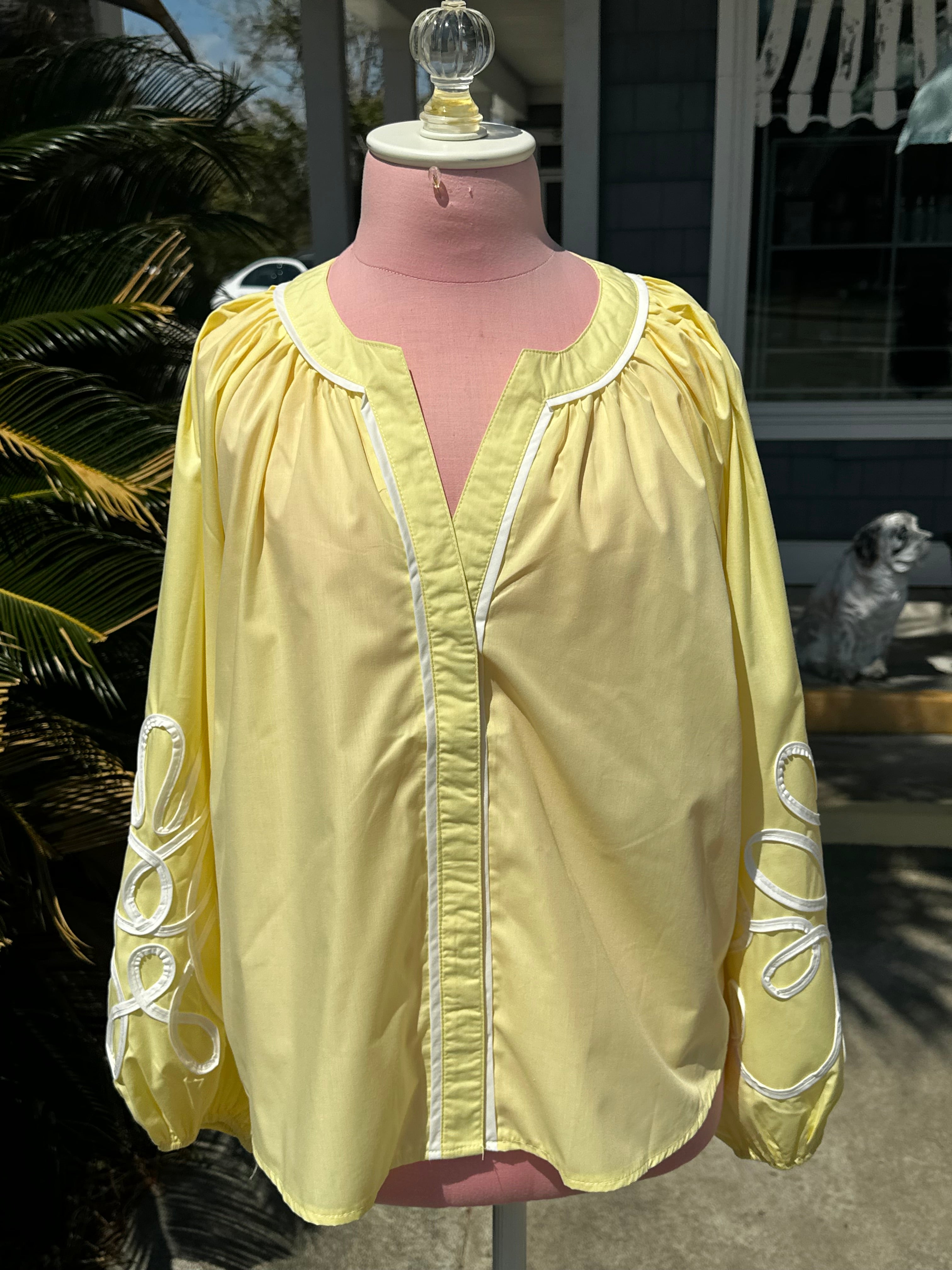 Butter Yellow Soutache Contrast Detail Puff Sleeve Top