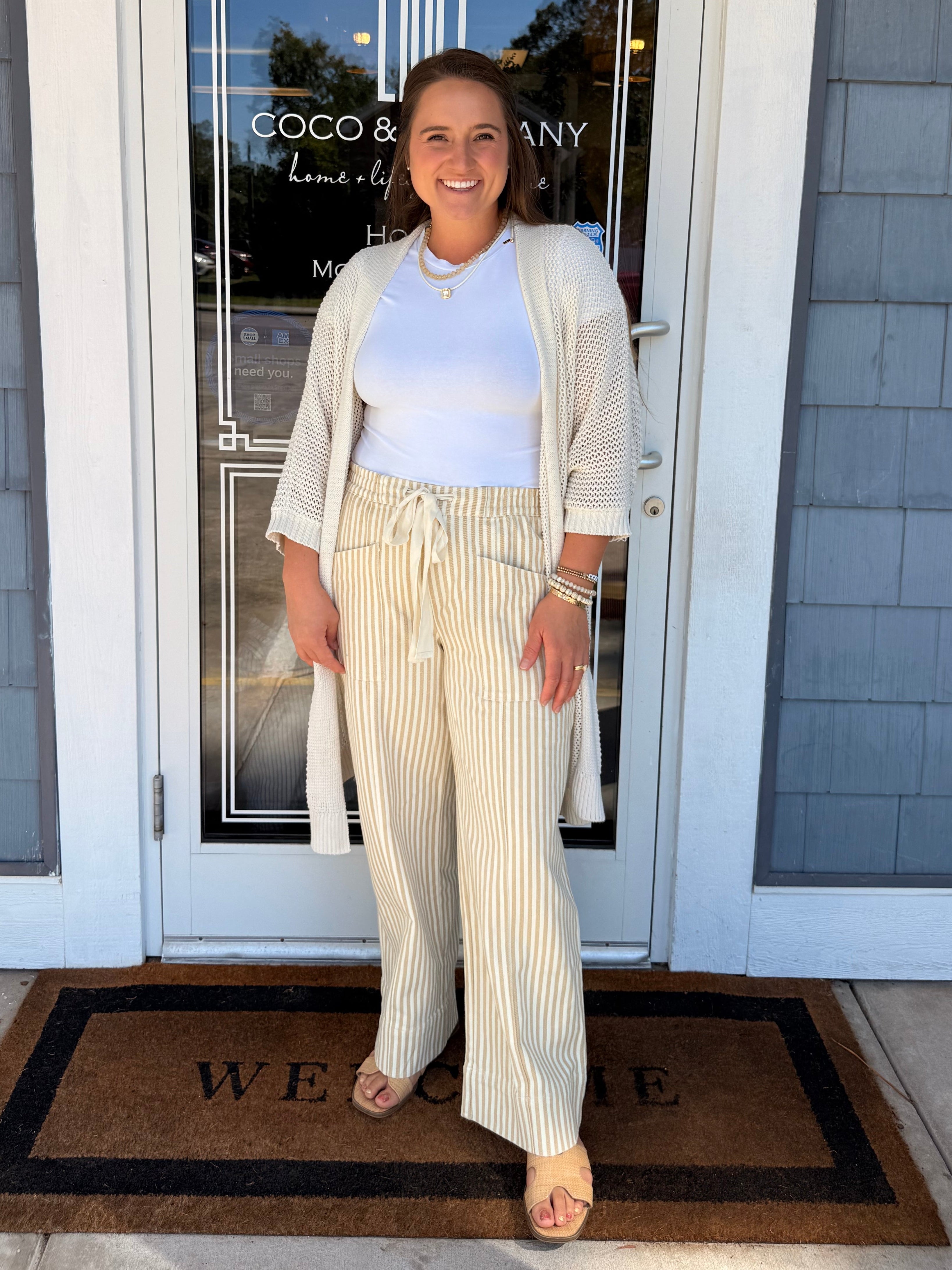 Taupe Natural Stripe Wide Leg Drawstring Pants