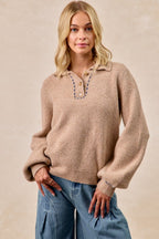 Mocha Solid Buttoned Navy Trim Sweater Top
