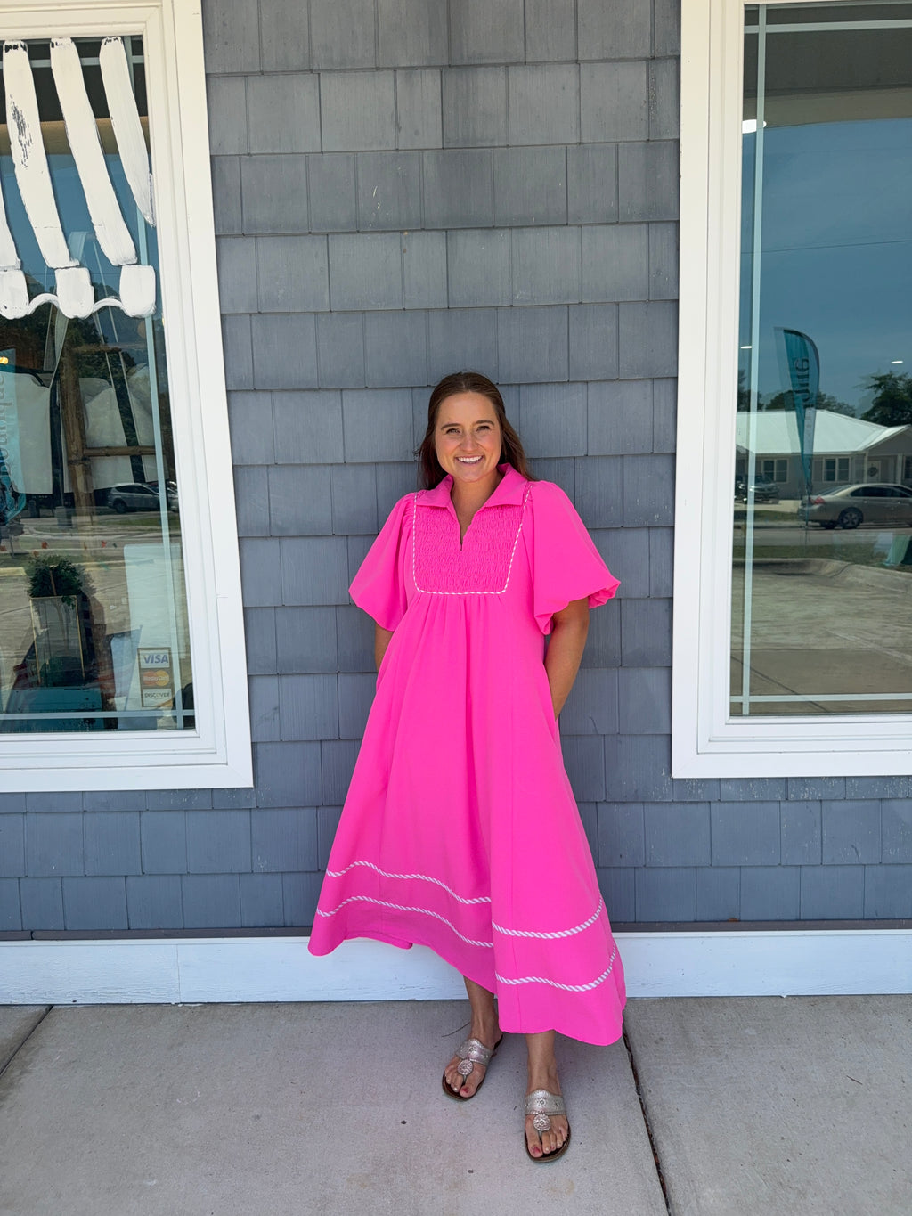 Hot Pink Smocking Chest Midi Dress