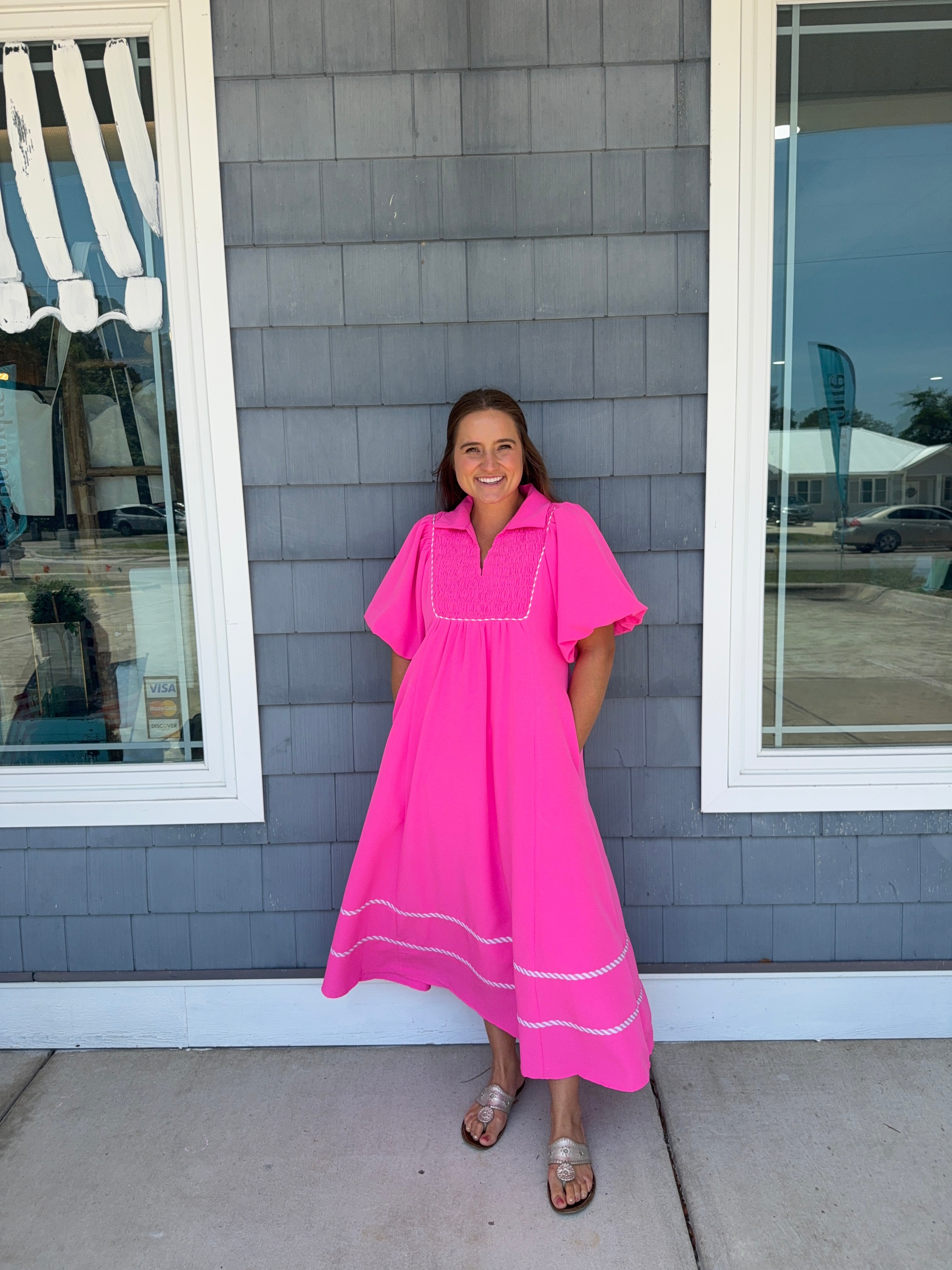 Hot Pink Smocking Chest Midi Dress
