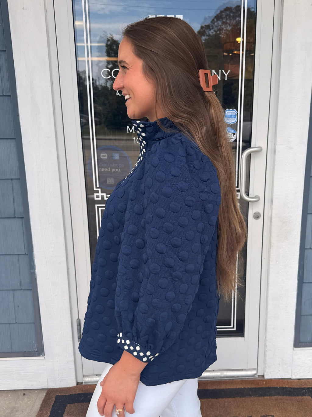Navy Jacquard Polka Dot Contrast Trim Top