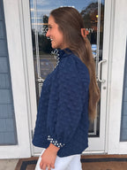 Navy Jacquard Polka Dot Contrast Trim Top