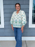 Botanical Blue Balloon Sleeve Top