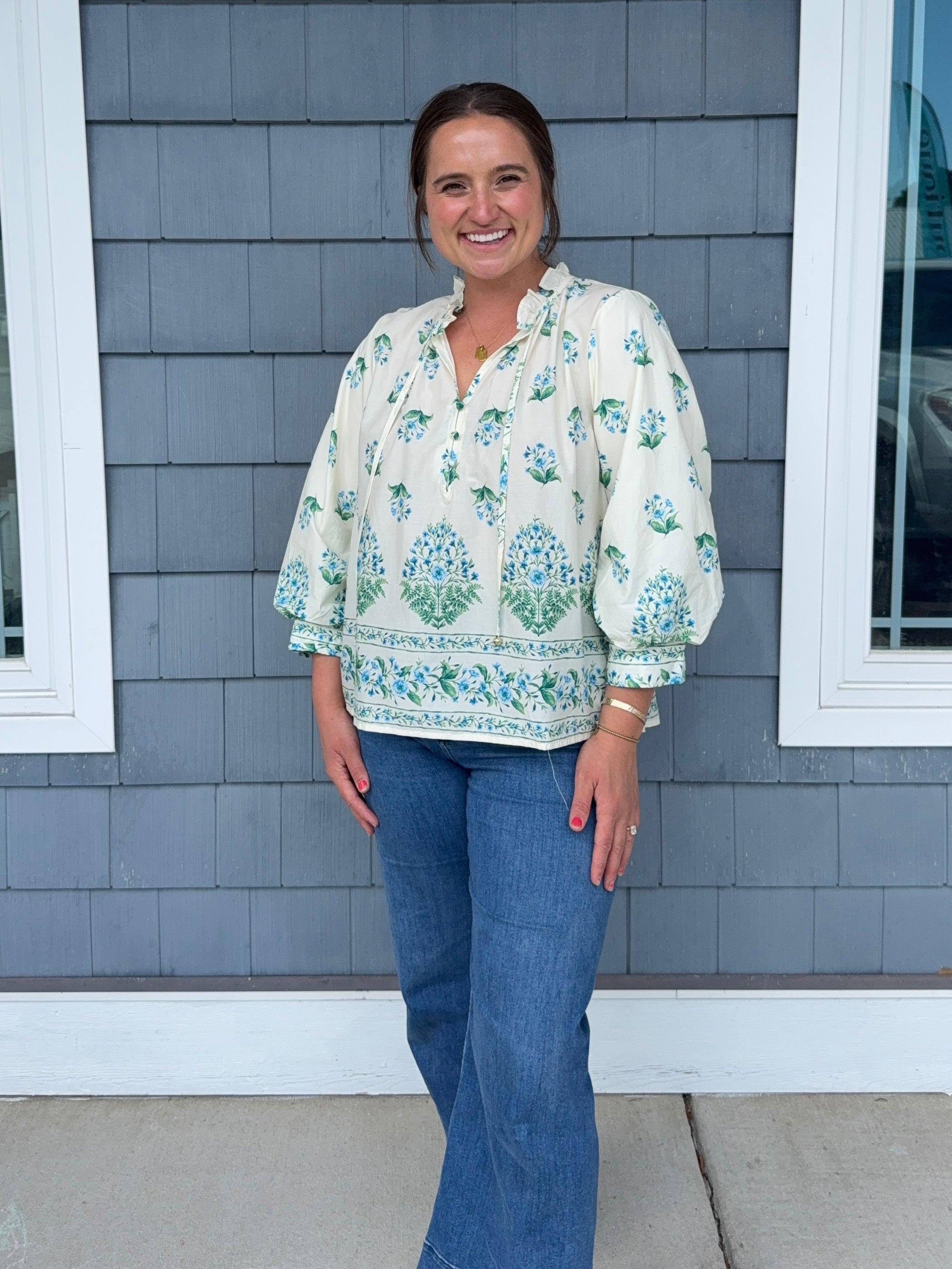 Botanical Blue Balloon Sleeve Top