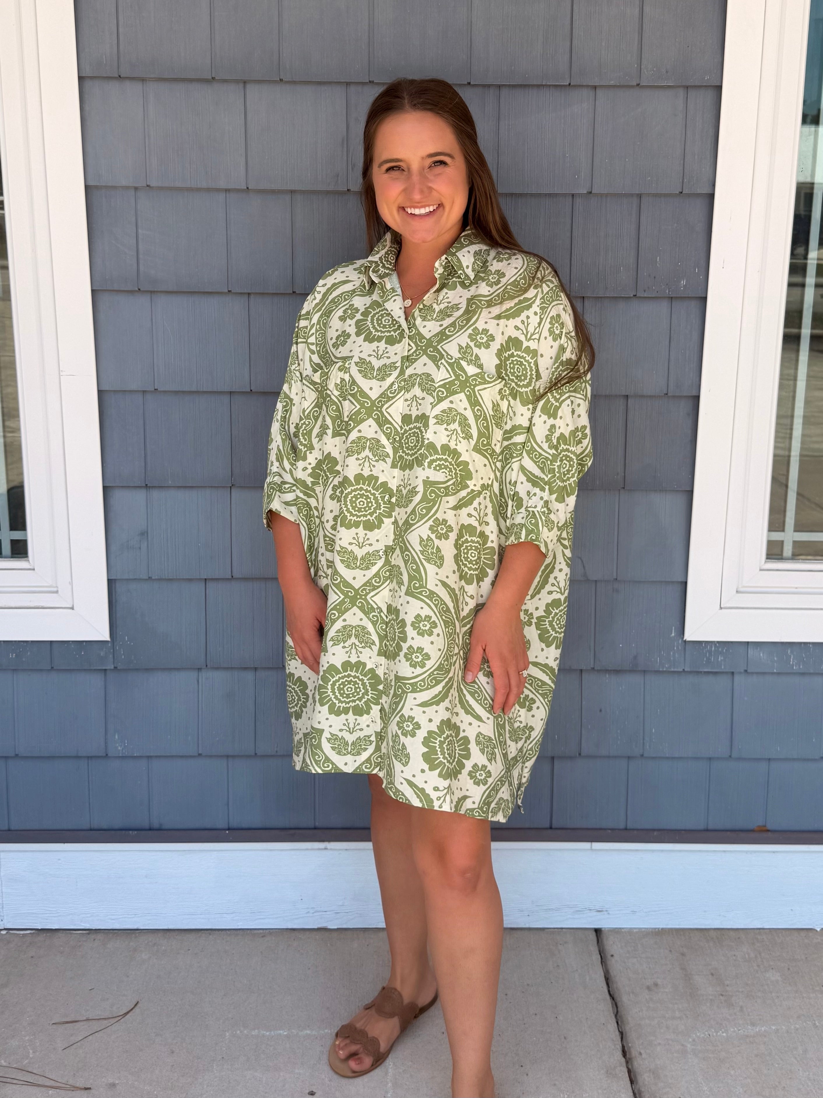 Green Oversized Button Down Shirt Dress