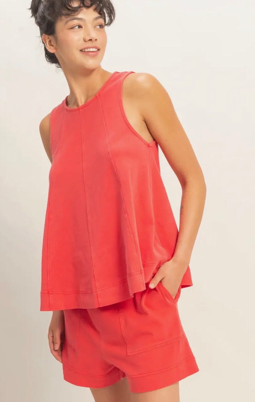 Sleeveless Round Neck Top & Shorts Set- Red