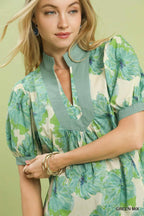 Green Floral Contrast Trim Blouse