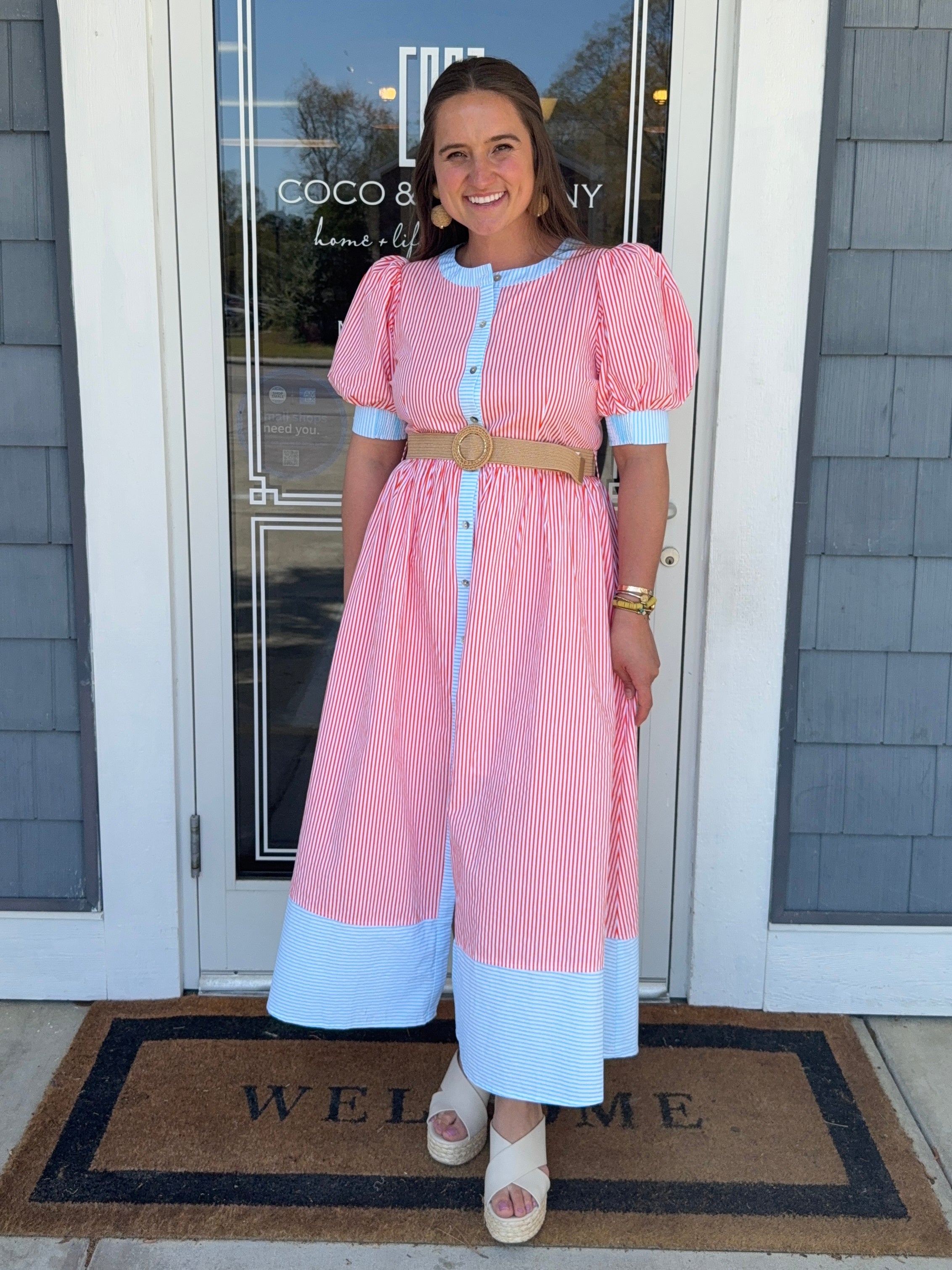 Orange & Blue Stripe Midi Dress w/ Belt