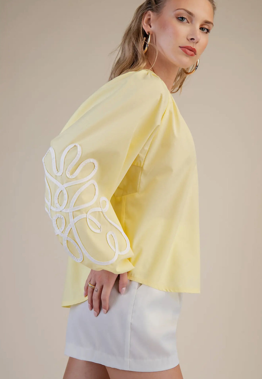 Butter Yellow Soutache Contrast Detail Puff Sleeve Top