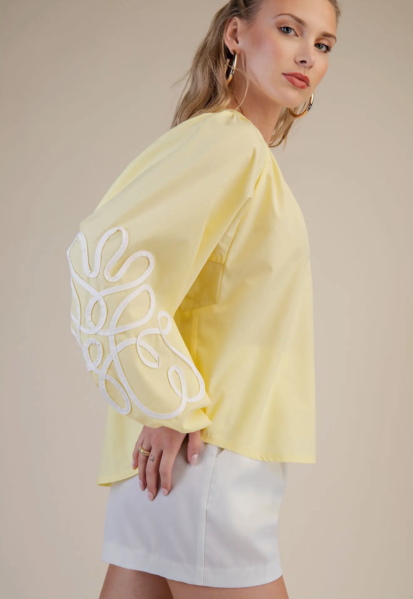 Butter Yellow Soutache Contrast Detail Puff Sleeve Top