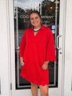 Red Scalloped Hem Solid Dress