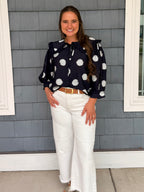 Navy Collared Polka Dot Top