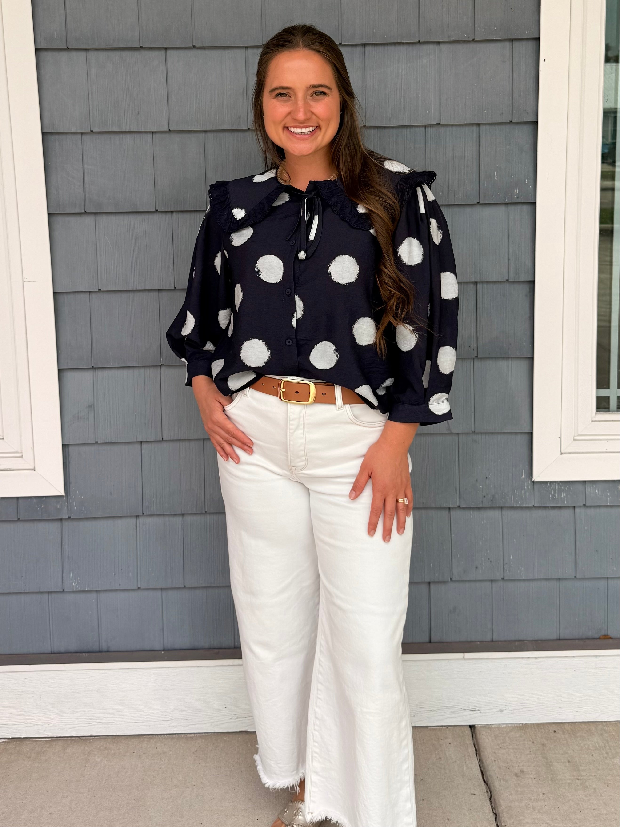Navy Collared Polka Dot Top