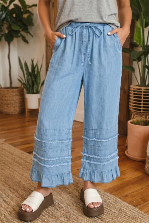 Ruffled Hem Chambray Pants