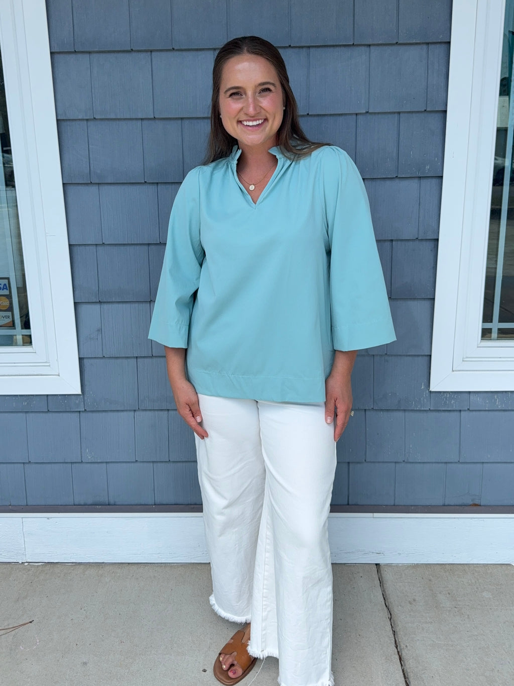 Seafoam Ruffled Neck Blouse