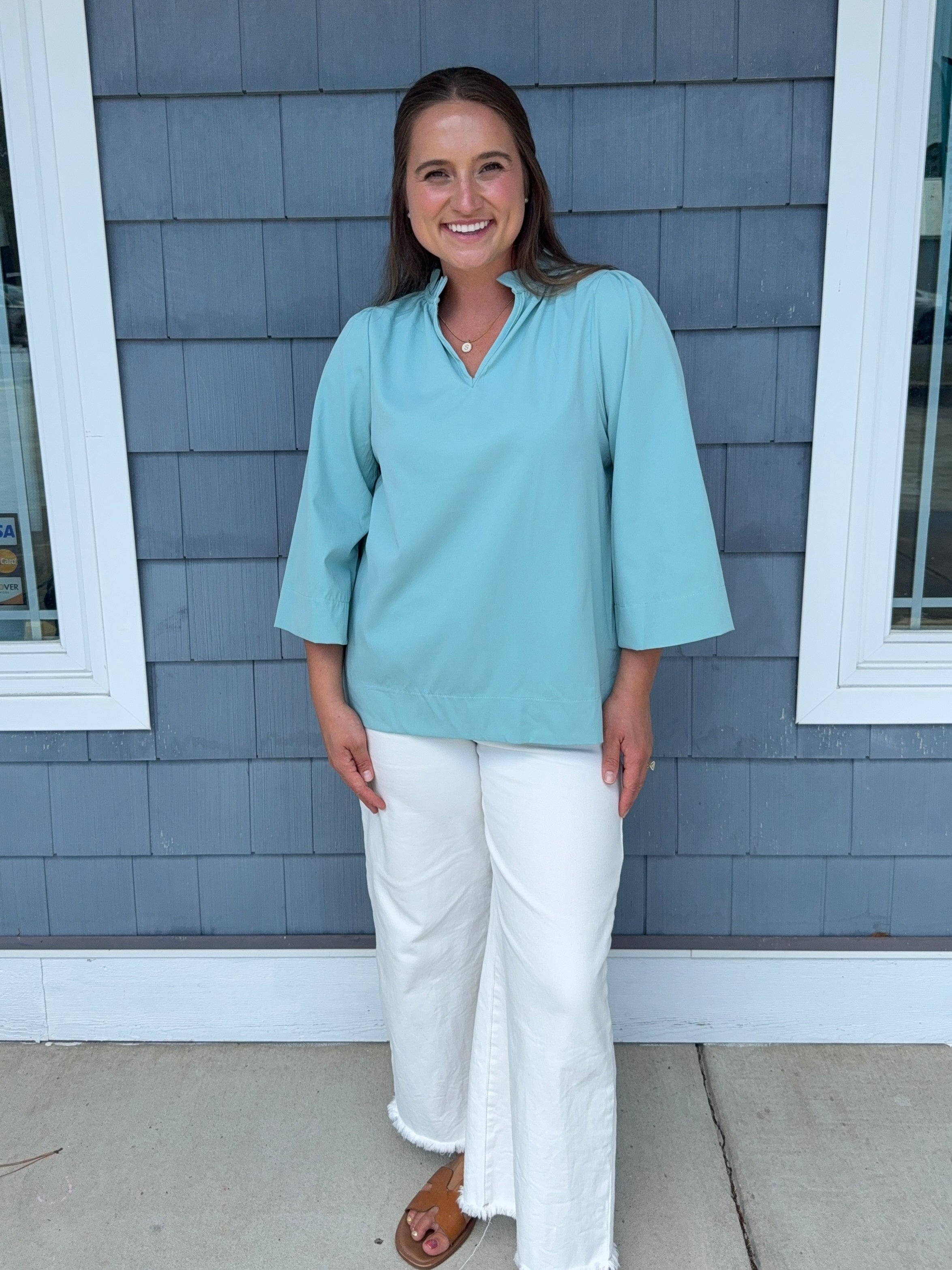 Seafoam Ruffled Neck Blouse