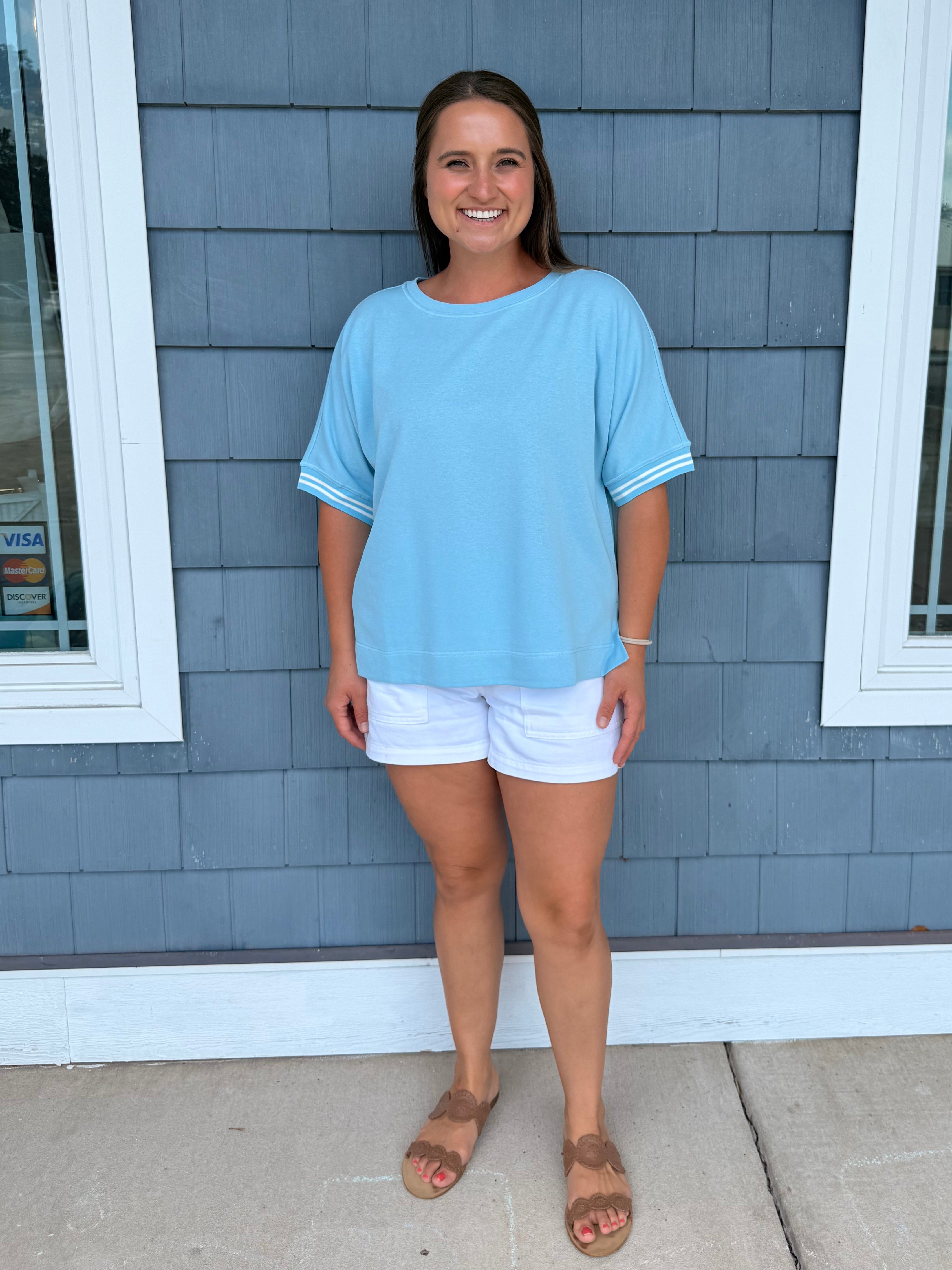 Sky Blue Round Neck Sleeve Trim Band Top
