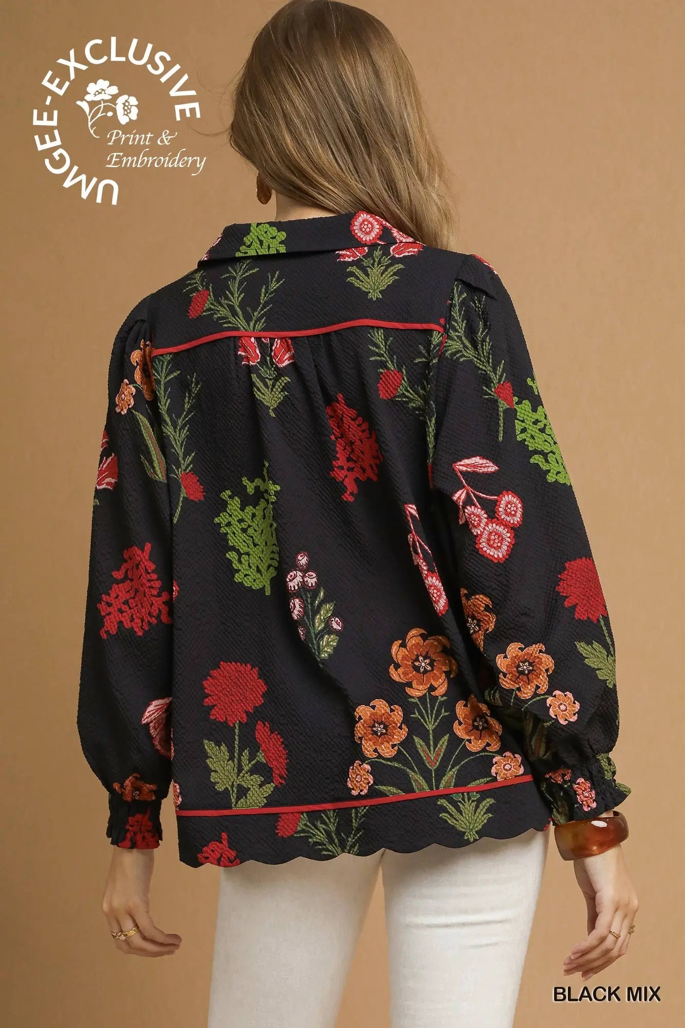 Black Floral Print Textured Fabric Collared Top