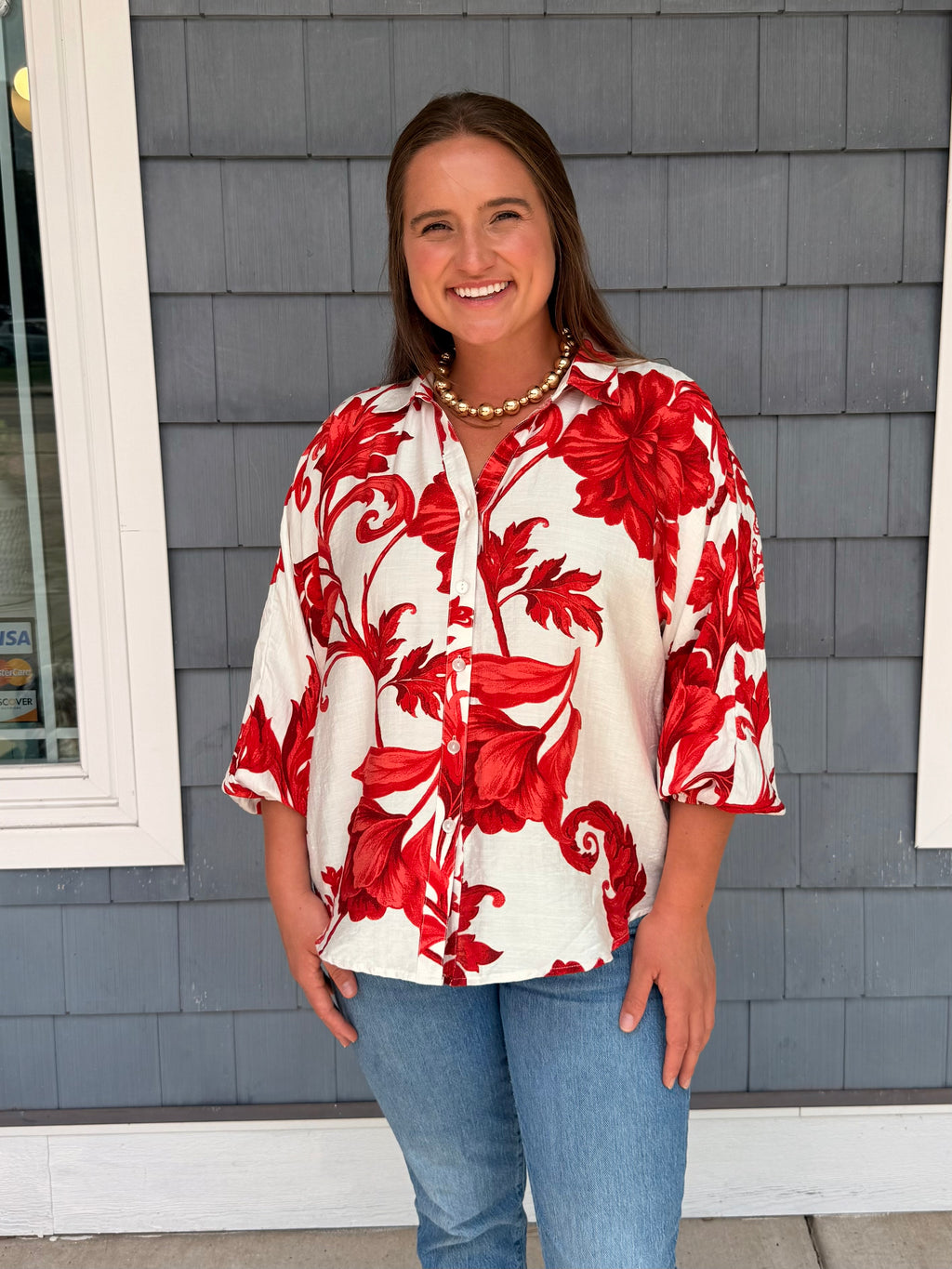Red Floral Button Down Sleeve Top