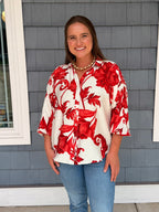 Red Floral Button Down Sleeve Top