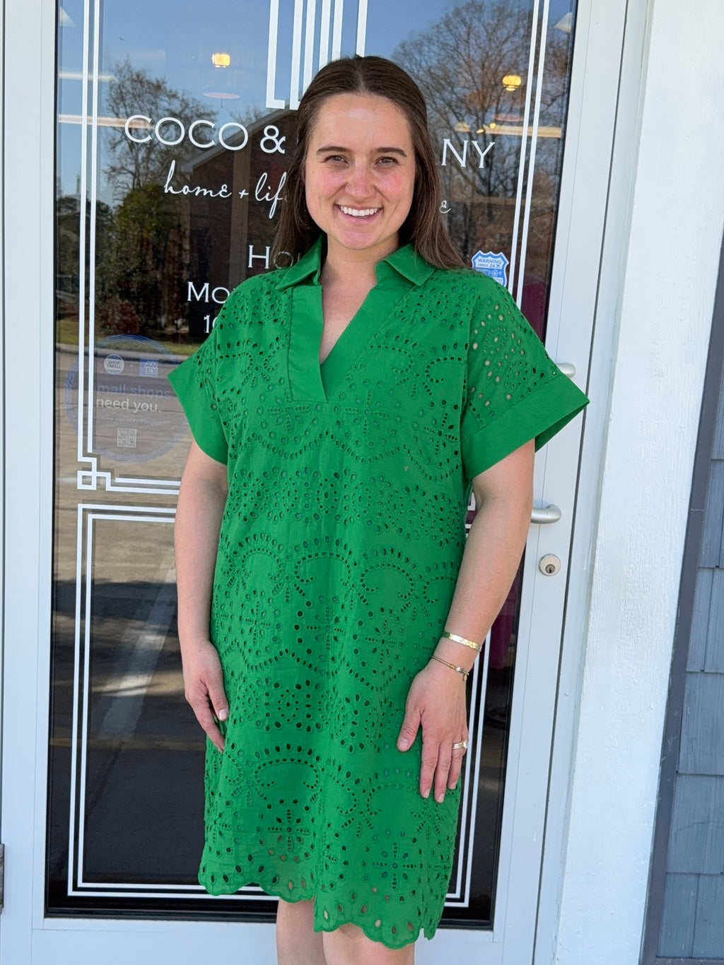 Hunter Green Collared Eyelet Dress