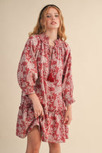 Red Floral Jacquard Smocked Dress