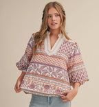 Sand Multi Bubble Sleeve V-neck Top