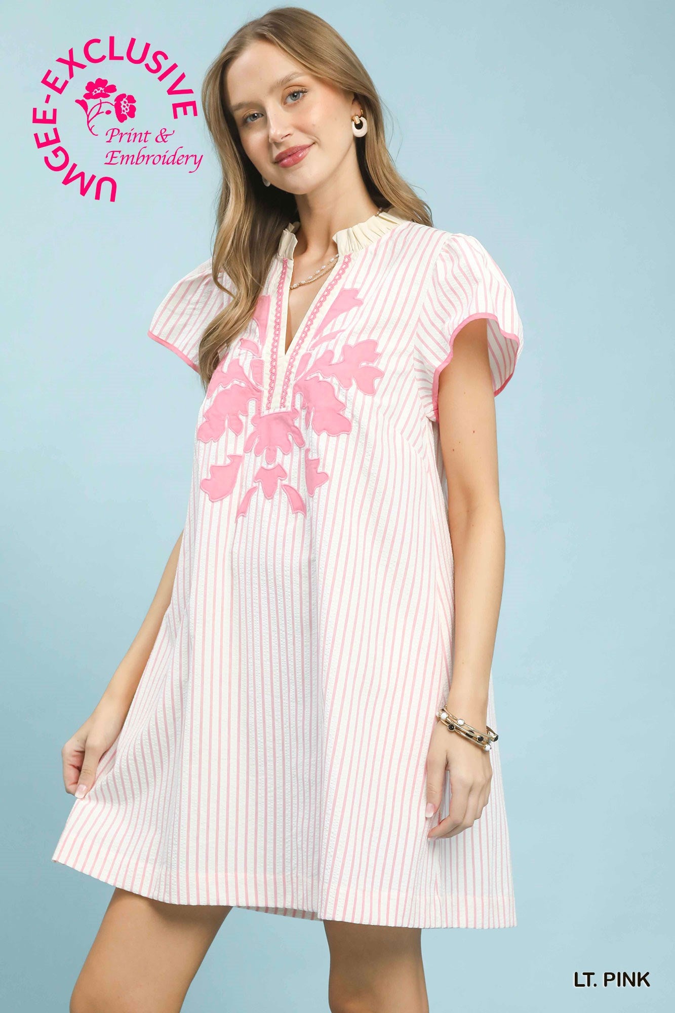 Light Pink Striped Floral Appliqué Shift Dress: Ships or pickup 5/26/26