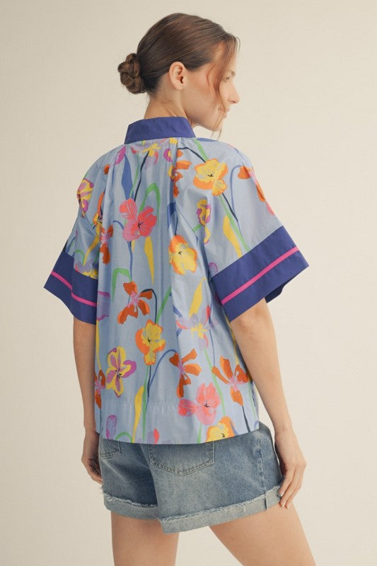 Blue Floral Contrast Detail Top