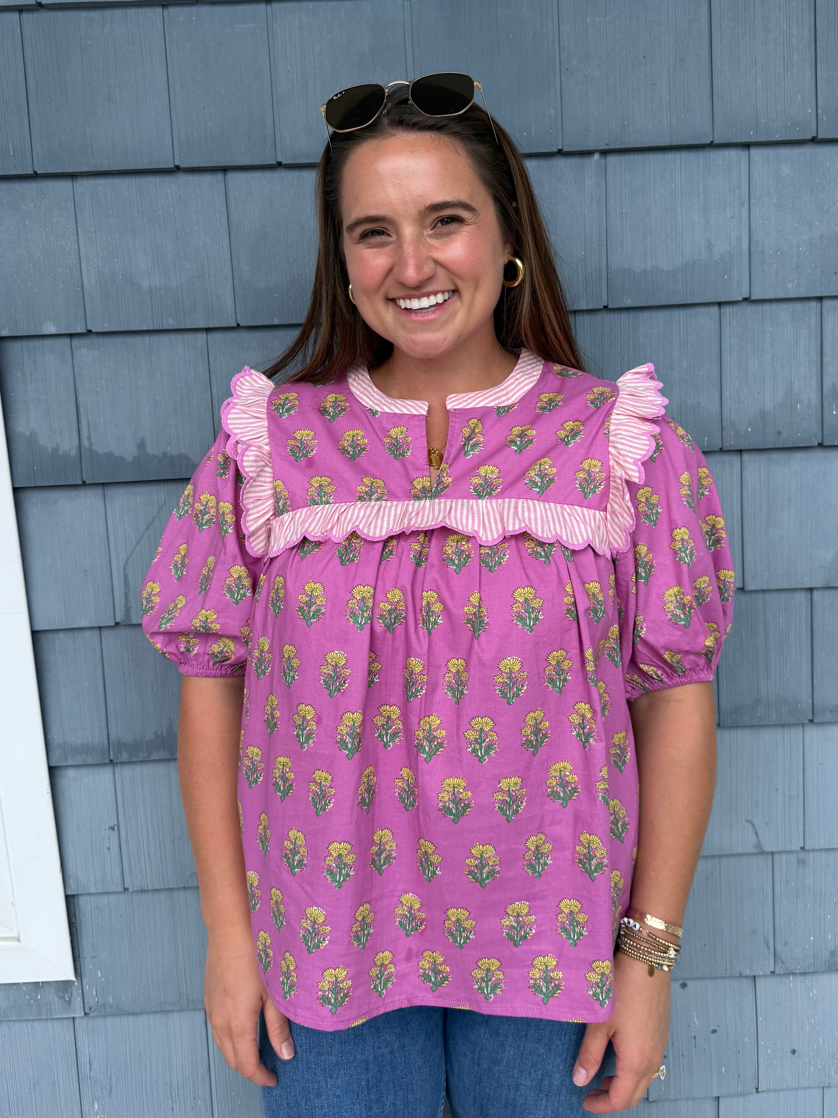 Pink Floral Ruffle Yoke Sleeve Top