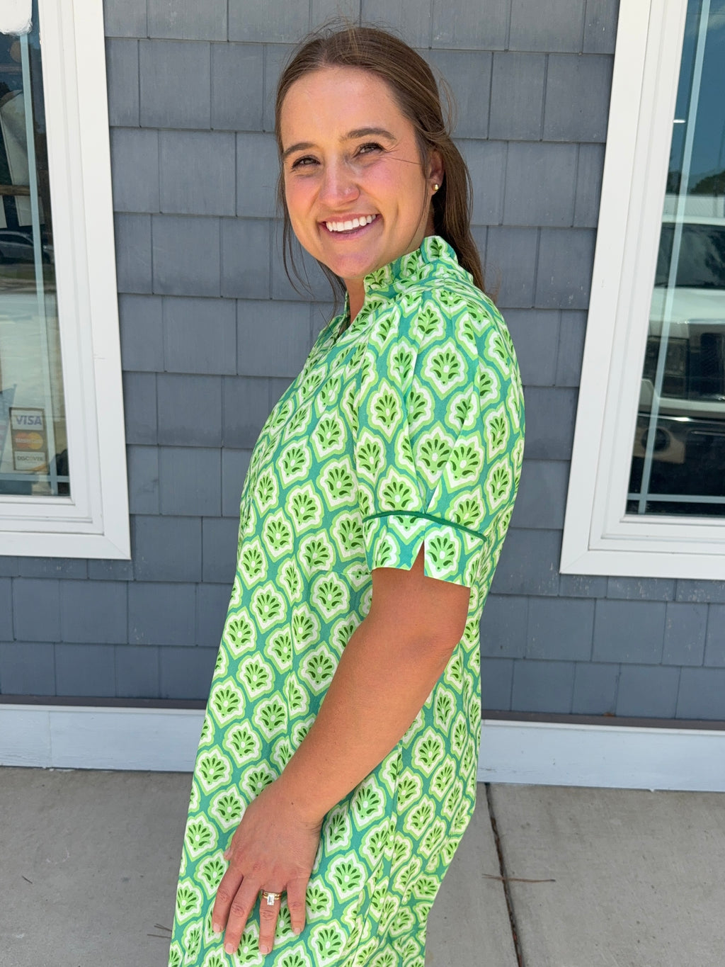 Green Printed Button Down Midi Dress