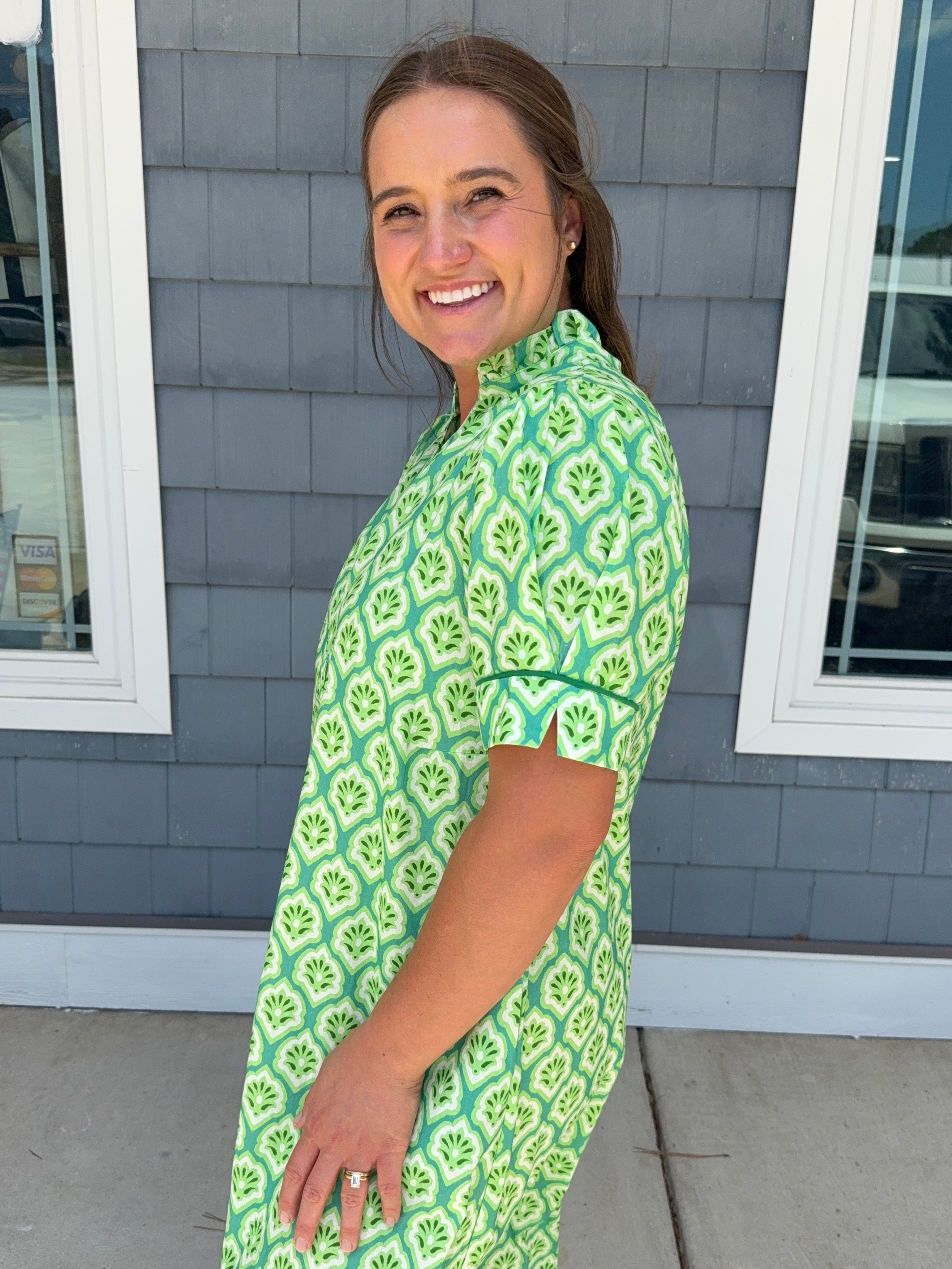Green Printed Button Down Midi Dress