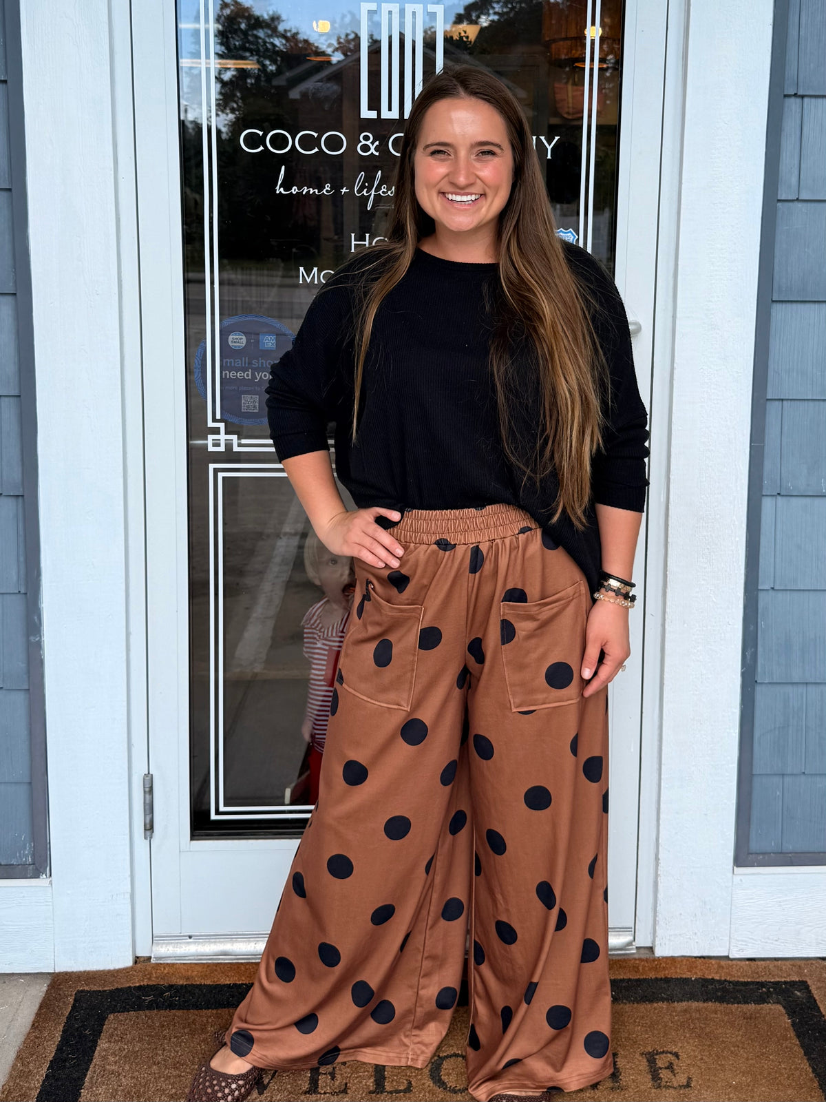 Brown & Black Polka Dot Elastic Wide Leg Pants