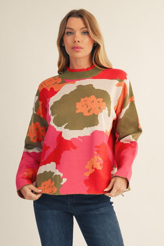 Olive Drop Shoulder Floral Sweater