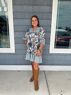 Blue Mixed Print Mini Dress