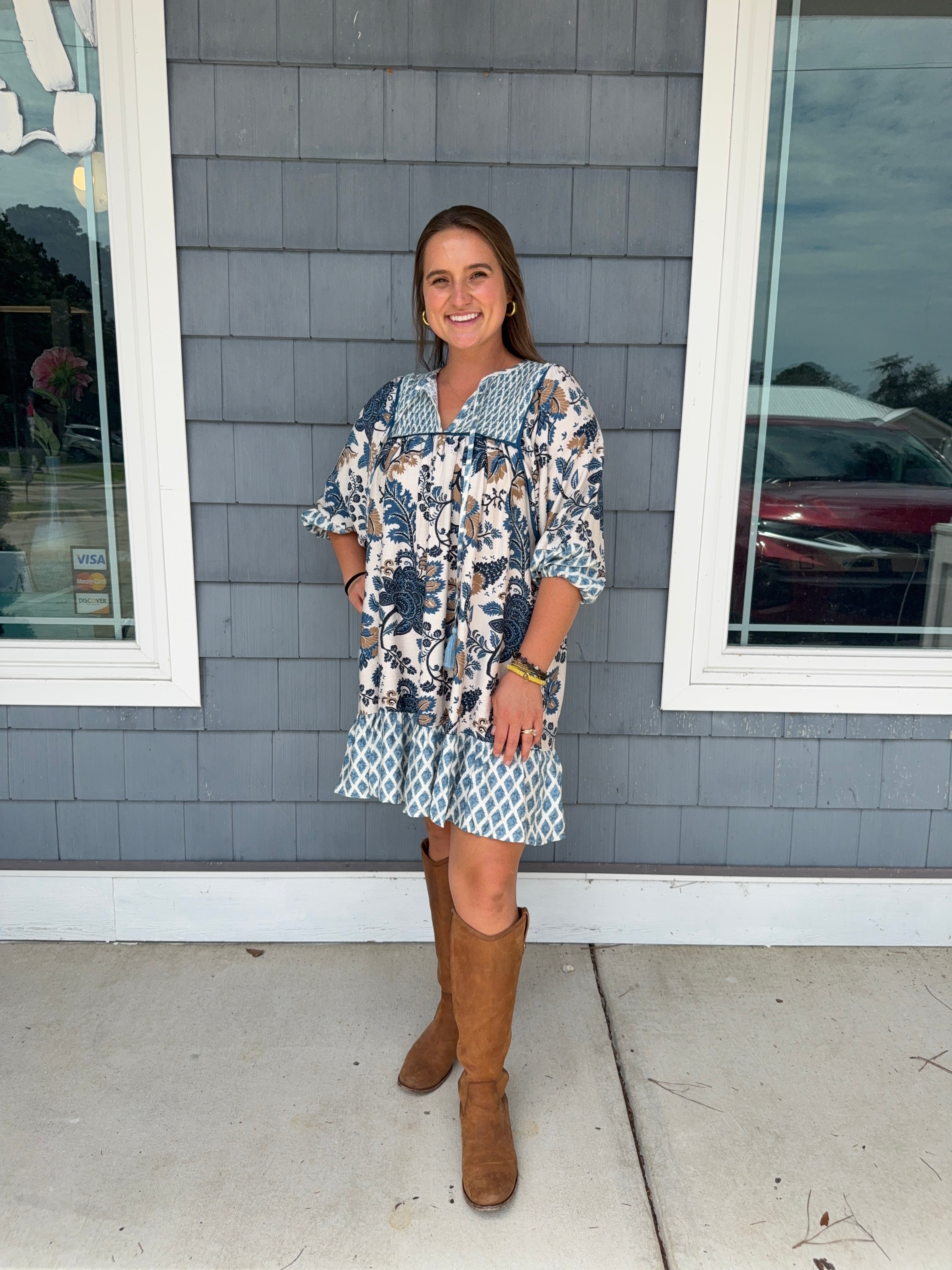 Blue Mixed Print Mini Dress