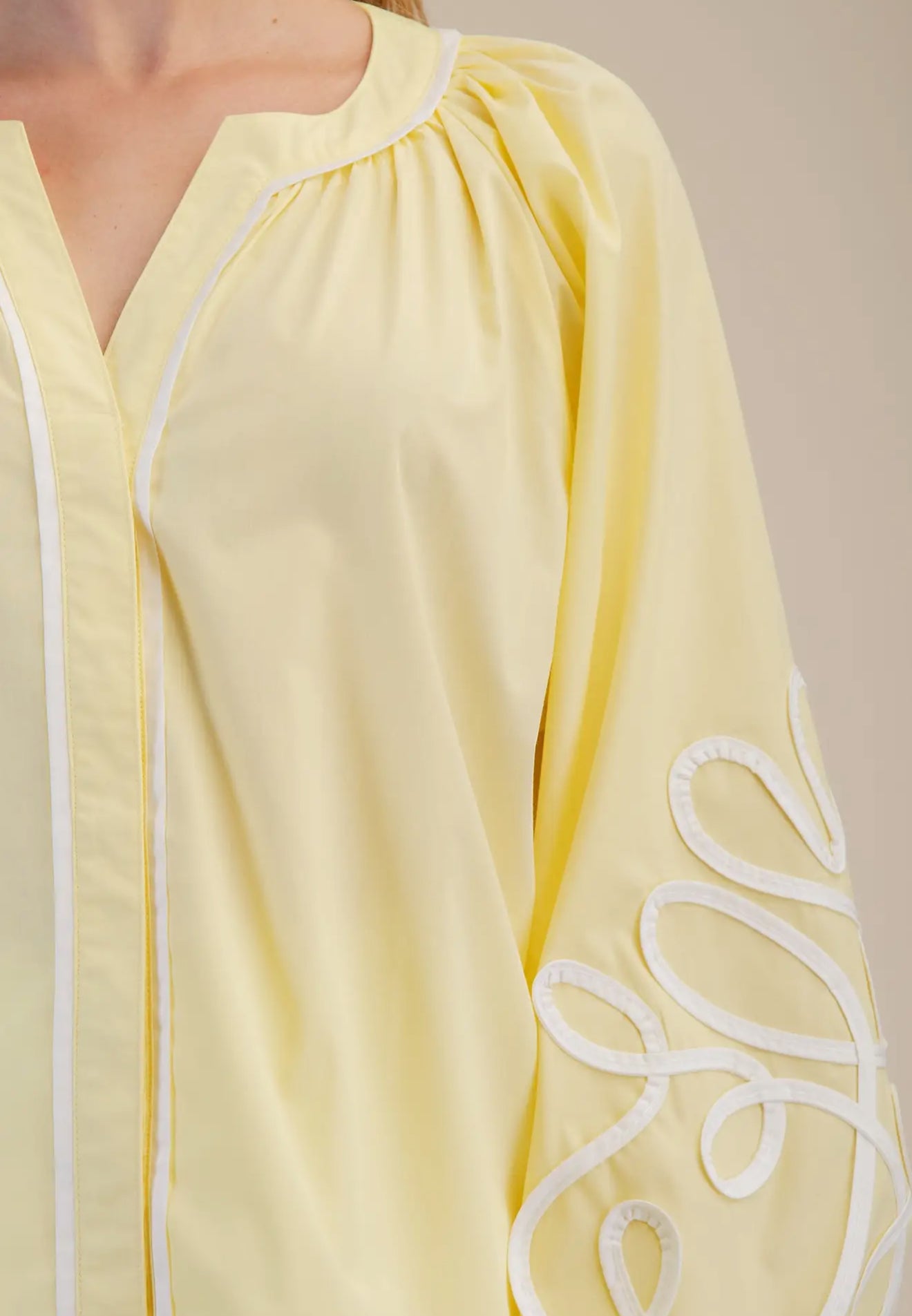 Butter Yellow Soutache Contrast Detail Puff Sleeve Top