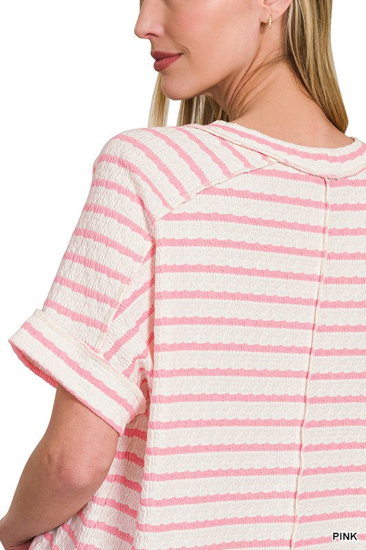 Stripe Jacquard Round Neck Box Tee- Pink