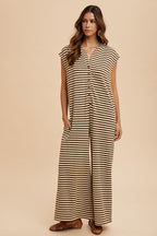 Mocha Stripe Knit Wide Leg Button Down Jumpsuit