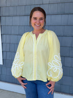 Butter Yellow Soutache Contrast Detail Puff Sleeve Top