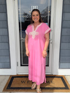 Pink Appliqué Trim Midi Dress