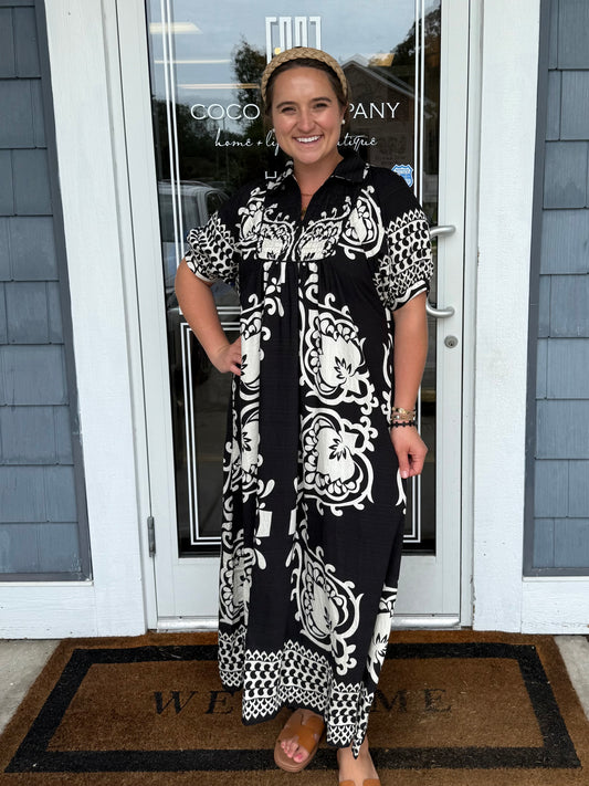 Black Print Short Puff Sleeve MIDI Dress