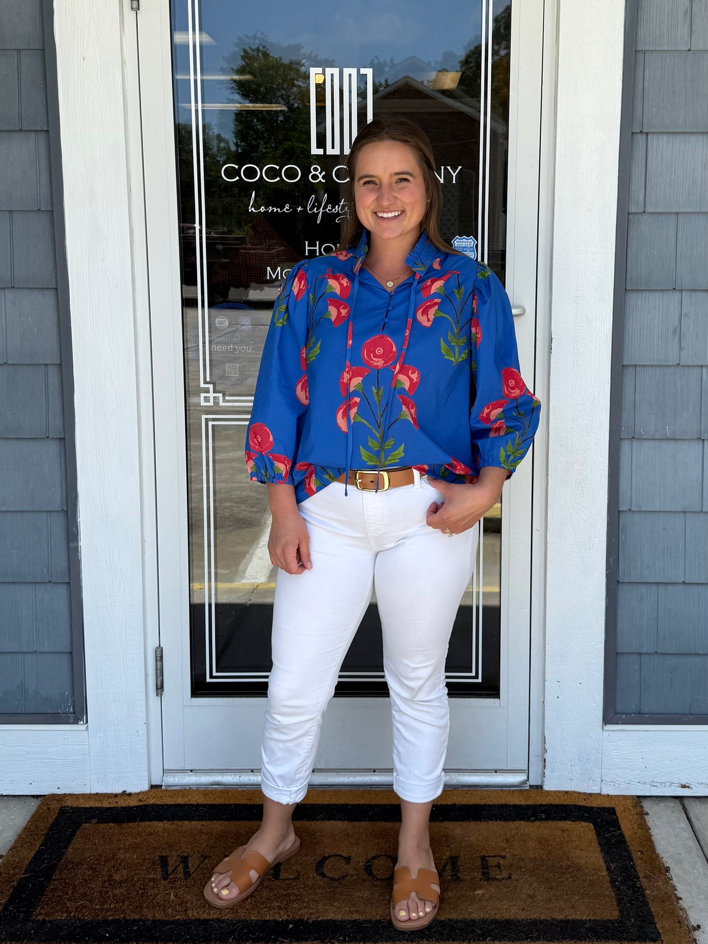 Blue Floral Print Puff Sleeve Blouse