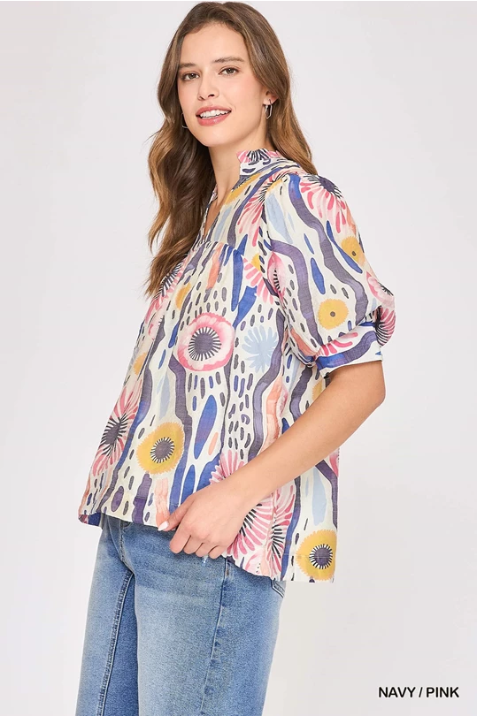 Navy & Pink Abstract Print Blouse