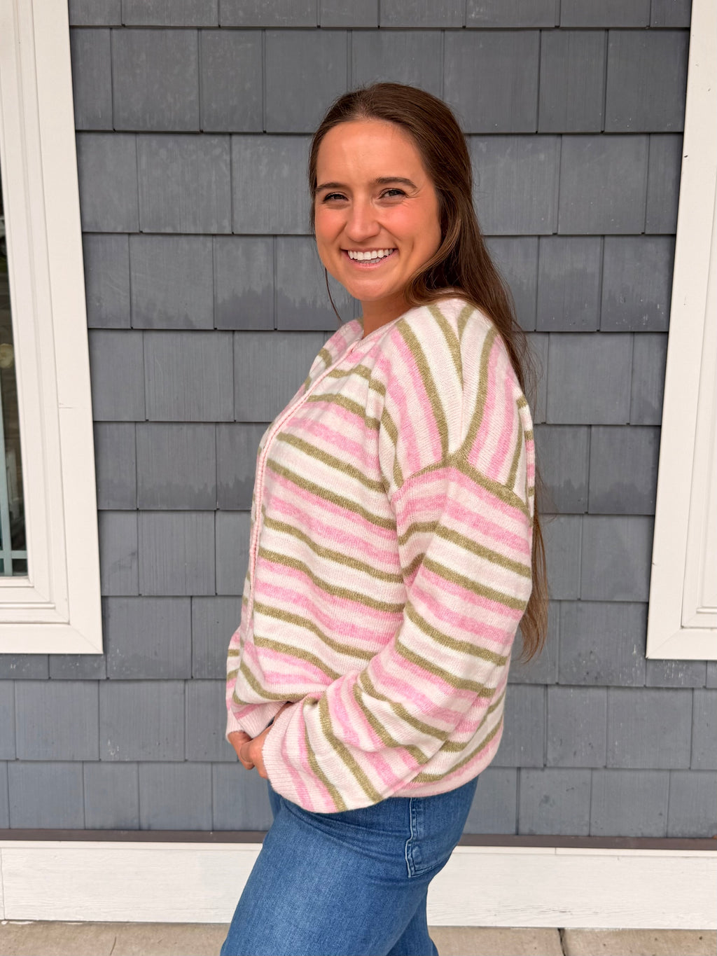 Pink & Green Stripe Button Up Sweater