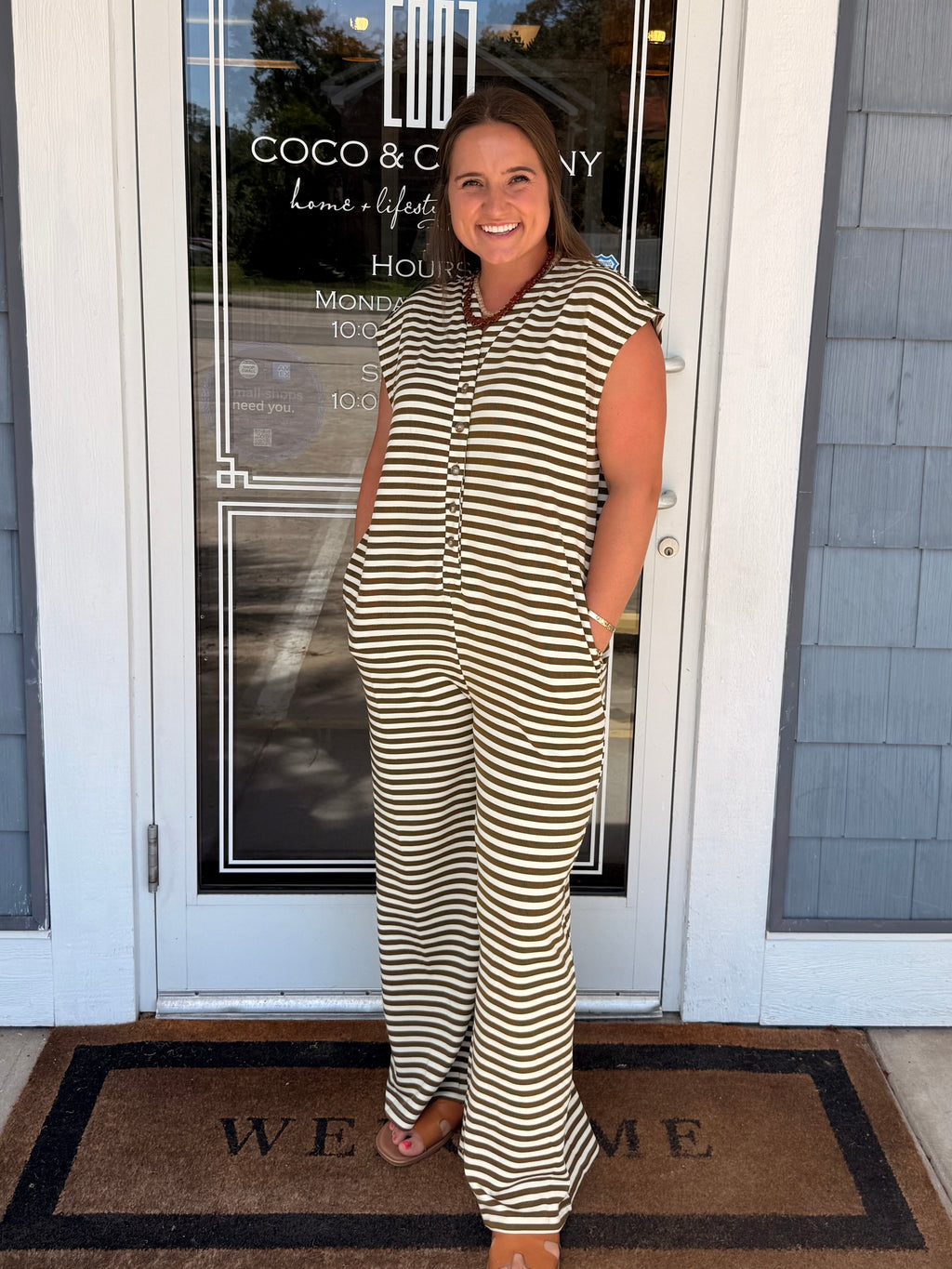 Mocha Stripe Knit Wide Leg Button Down Jumpsuit