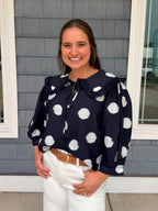 Navy Collared Polka Dot Top